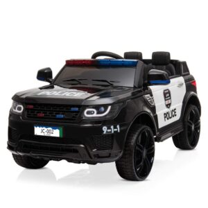 winado 12v kids ride on police car electric toy w/ 2.4g parent remote control, battery powered vehicle with flashing lights, megaphone siren horn, music, black