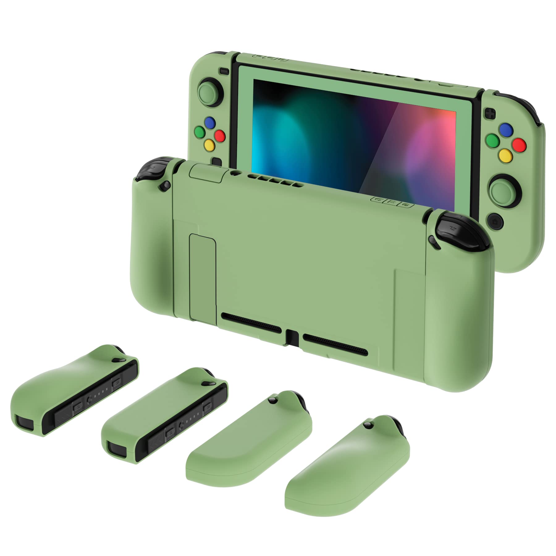 PlayVital AlterGrips Ergonomic Grips Cover for Nintendo Switch, [2 Design] Interchangeable Comfort Dockable Protective Case with Screen Protector & Thumb Grip Buttons Caps - Matcha Green