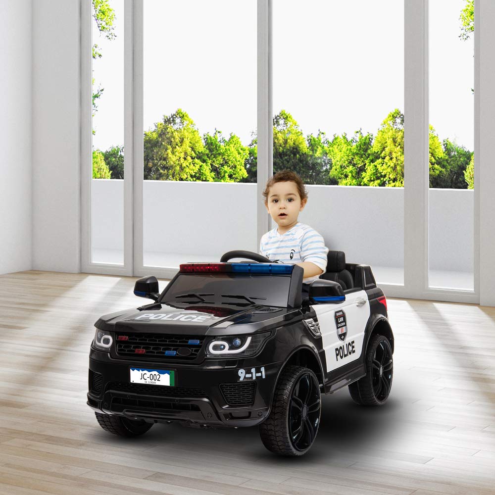 Winado 12V Kids Ride On Police Car Electric Toy w/ 2.4G Parent Remote Control, Battery Powered Vehicle with Flashing Lights, Megaphone Siren Horn, Music, Black