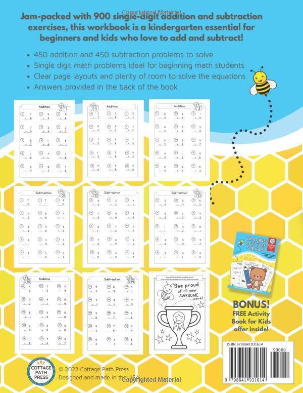 Addition and Subtraction Kindergarten Math Workbook: Beginner Math Book for Pre-K and Kindergarteners Learn to Add and Subtract Single Digits Ages 4 to 6