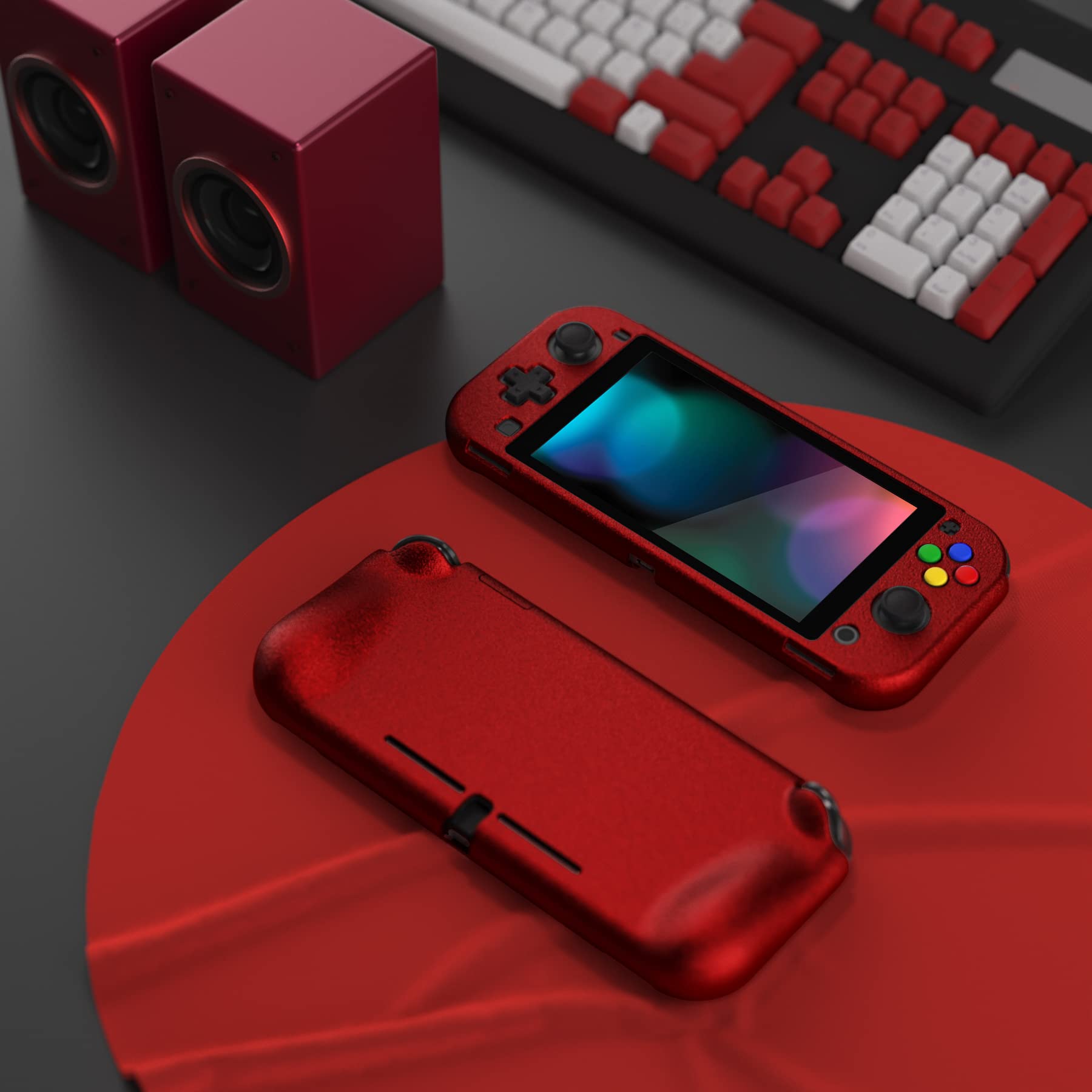 PlayVital ZealProtect Protective Case for Nintendo Switch Lite, Ergomomic Grip Hard Cover - Durable Comfort Shock-absorbent Anti-Scratch with Screen Protector & Thumb Grip Button Caps, Scarlet Red