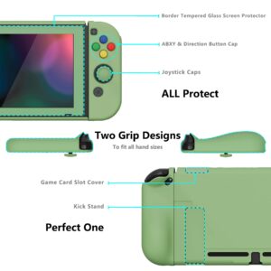 PlayVital AlterGrips Ergonomic Grips Cover for Nintendo Switch, [2 Design] Interchangeable Comfort Dockable Protective Case with Screen Protector & Thumb Grip Buttons Caps - Matcha Green