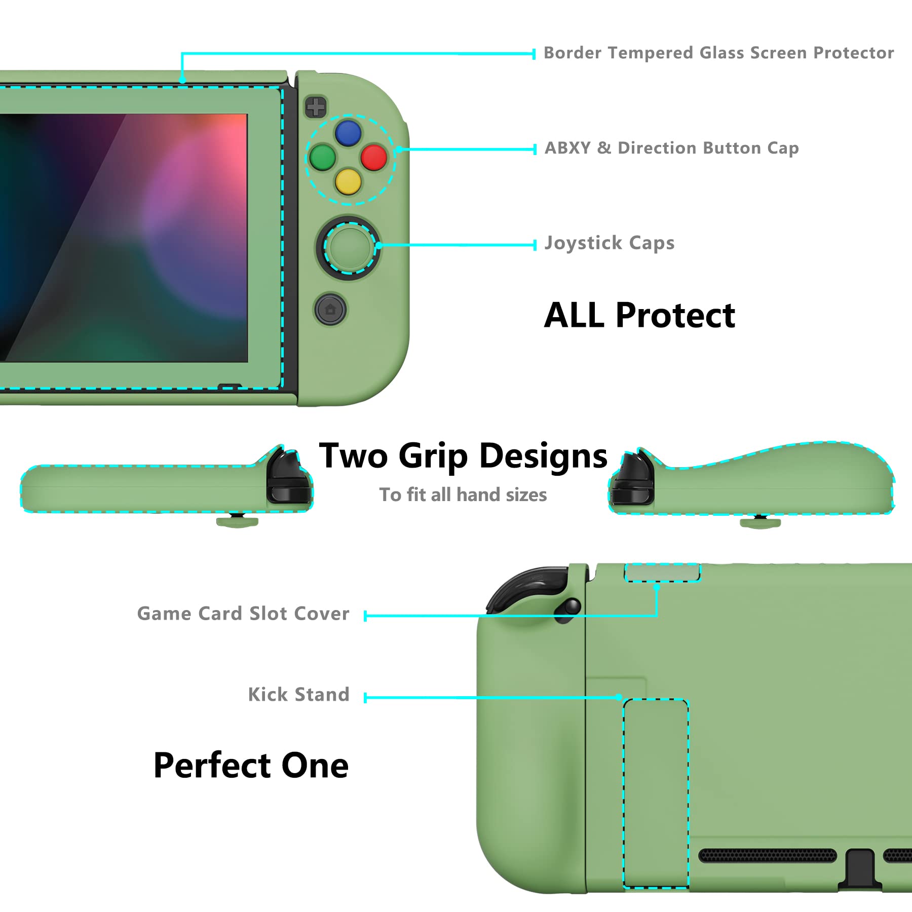 PlayVital AlterGrips Ergonomic Grips Cover for Nintendo Switch, [2 Design] Interchangeable Comfort Dockable Protective Case with Screen Protector & Thumb Grip Buttons Caps - Matcha Green