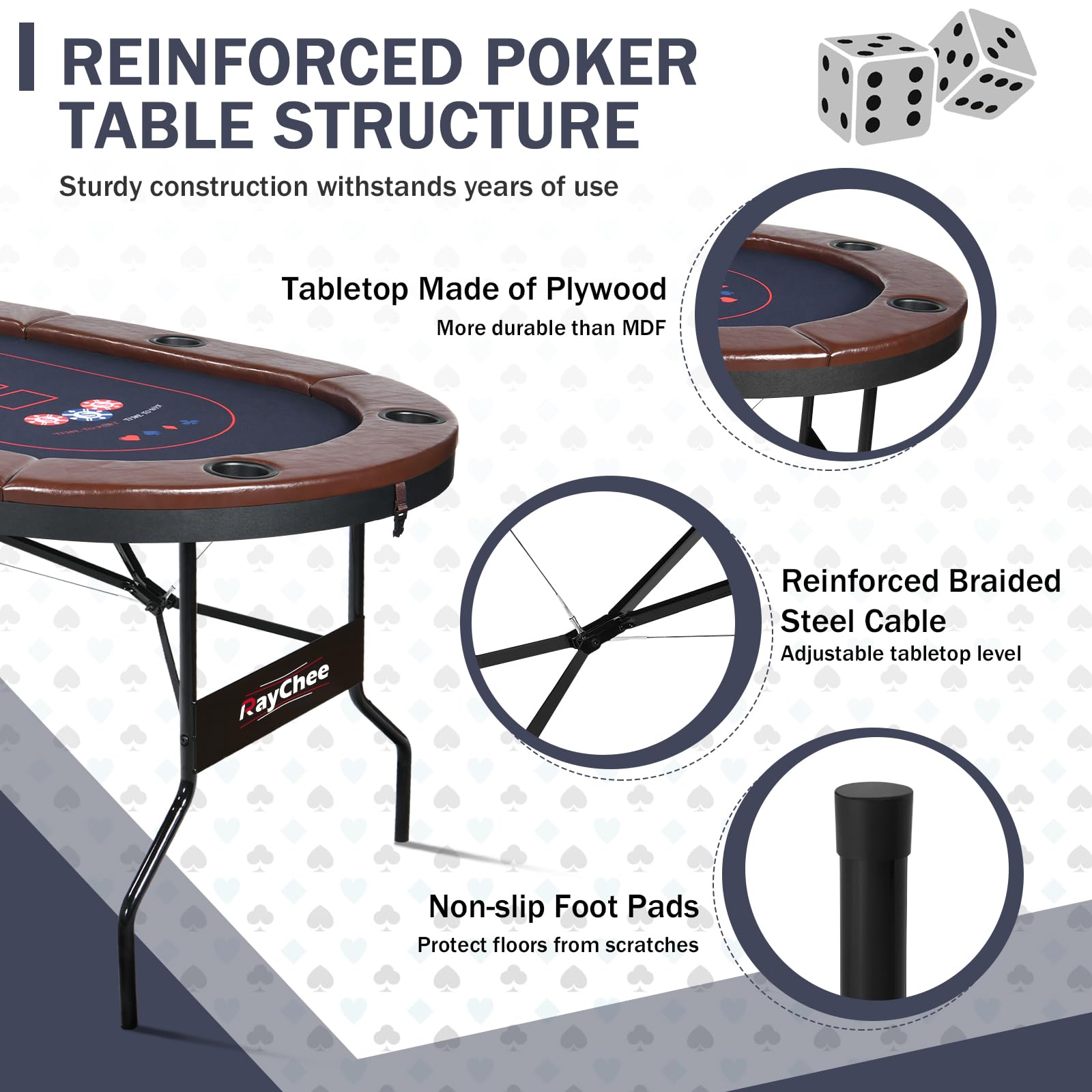 RayChee Foldable Poker Table, 8 Player Texas Holdem Table, Folding Leisure Game Table, Portable Casino Table for Game Room with Padded Rails and Cup Holders (Brown, 71 inch)