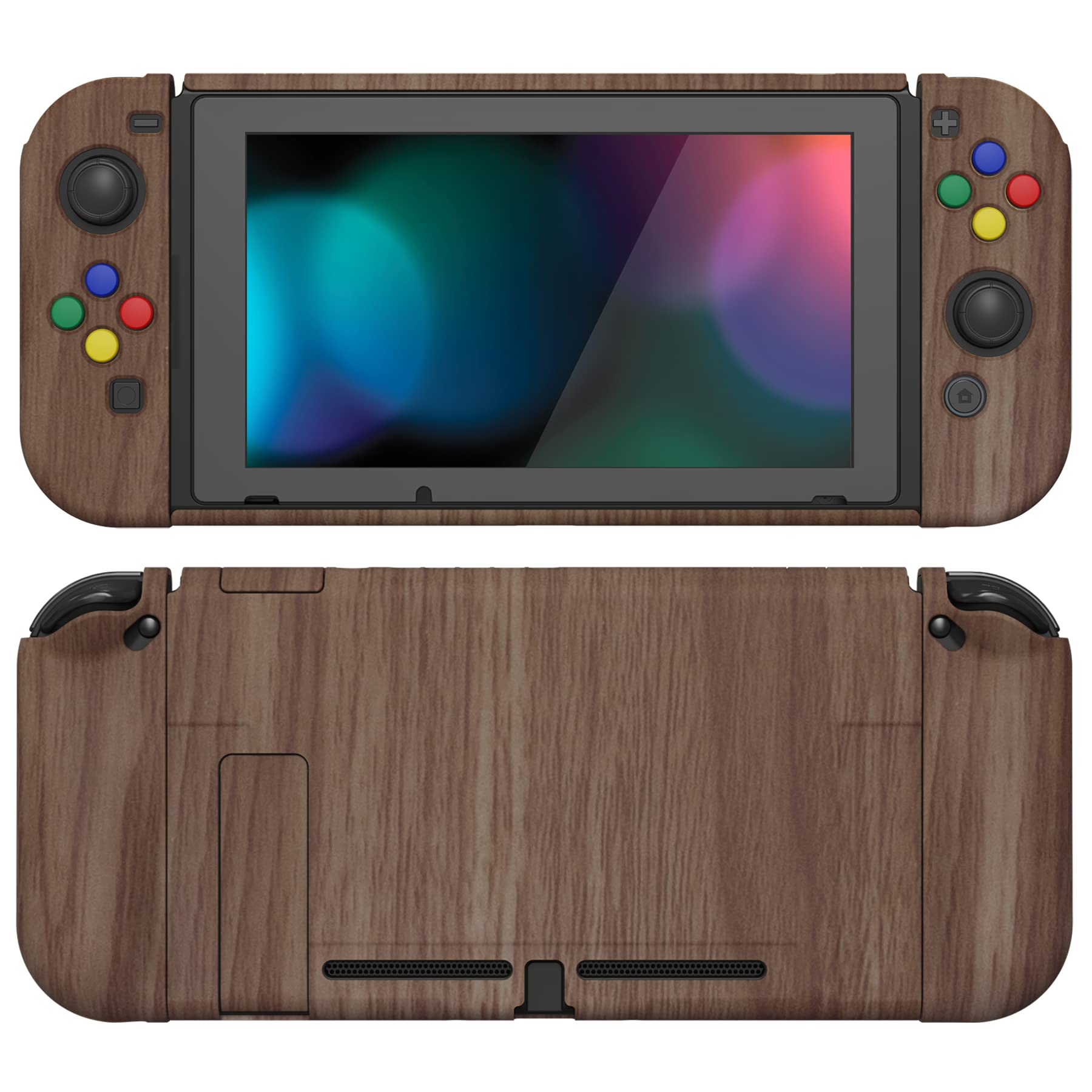 PlayVital AlterGrips Ergonomic Grips Cover for Nintendo Switch, [2 Design] Interchangeable Comfort Dockable Protective Case with Screen Protector & Thumb Grip Buttons Caps - Wood Grain