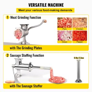 VEVOR Manual Stainless Steel Meat Grinder, 1.8" Clamp, 2 Grinding Plates, Sausage Stuffer, Ideal for Home Kitchen Restaurant Butcher’s Shop