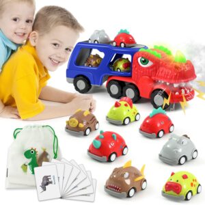 dukasou dinosaur truck toddler toys car for boys 3-5, dinosaur transport carrier with 7 pull back dino car& light music for kids age 3 4 5 6 gift, birthday party for boys girls 3-8