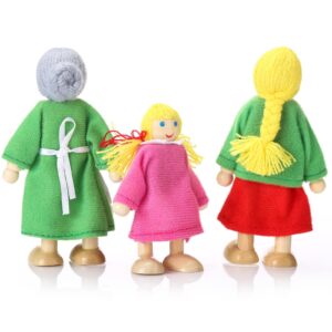 Jzszera Wooden Dollhouse Family Set of 7, Mini Figures for Pretend Play, Classic Doll House Accessories for Kids & Toddlers