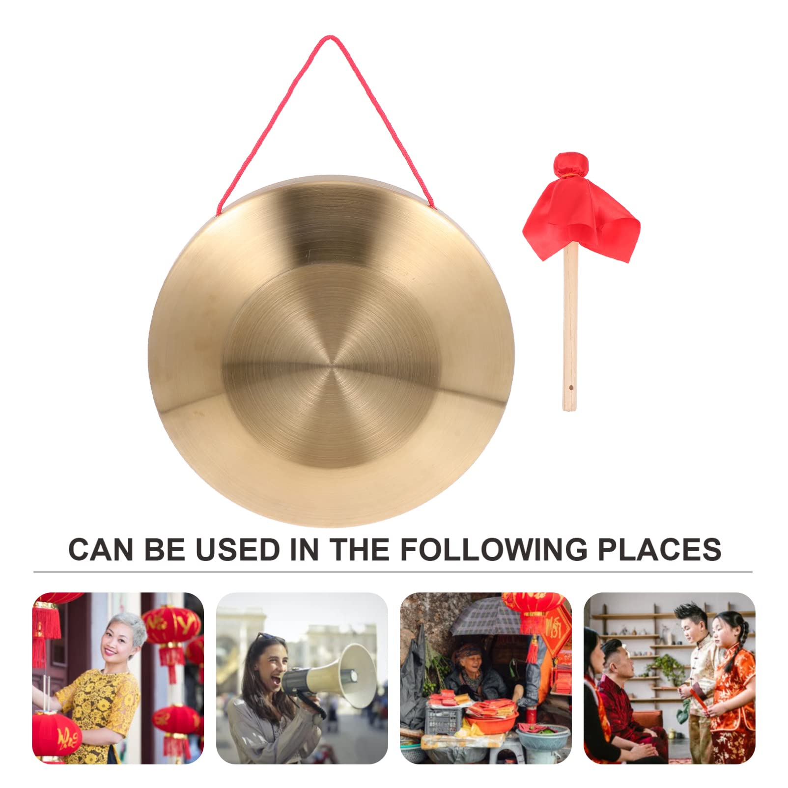 Vaguelly 1 Set of Brass Instruments - 22CM Copper Opera Gong Hand Gong with Wooden Mallet and Red Hanging Ribbon