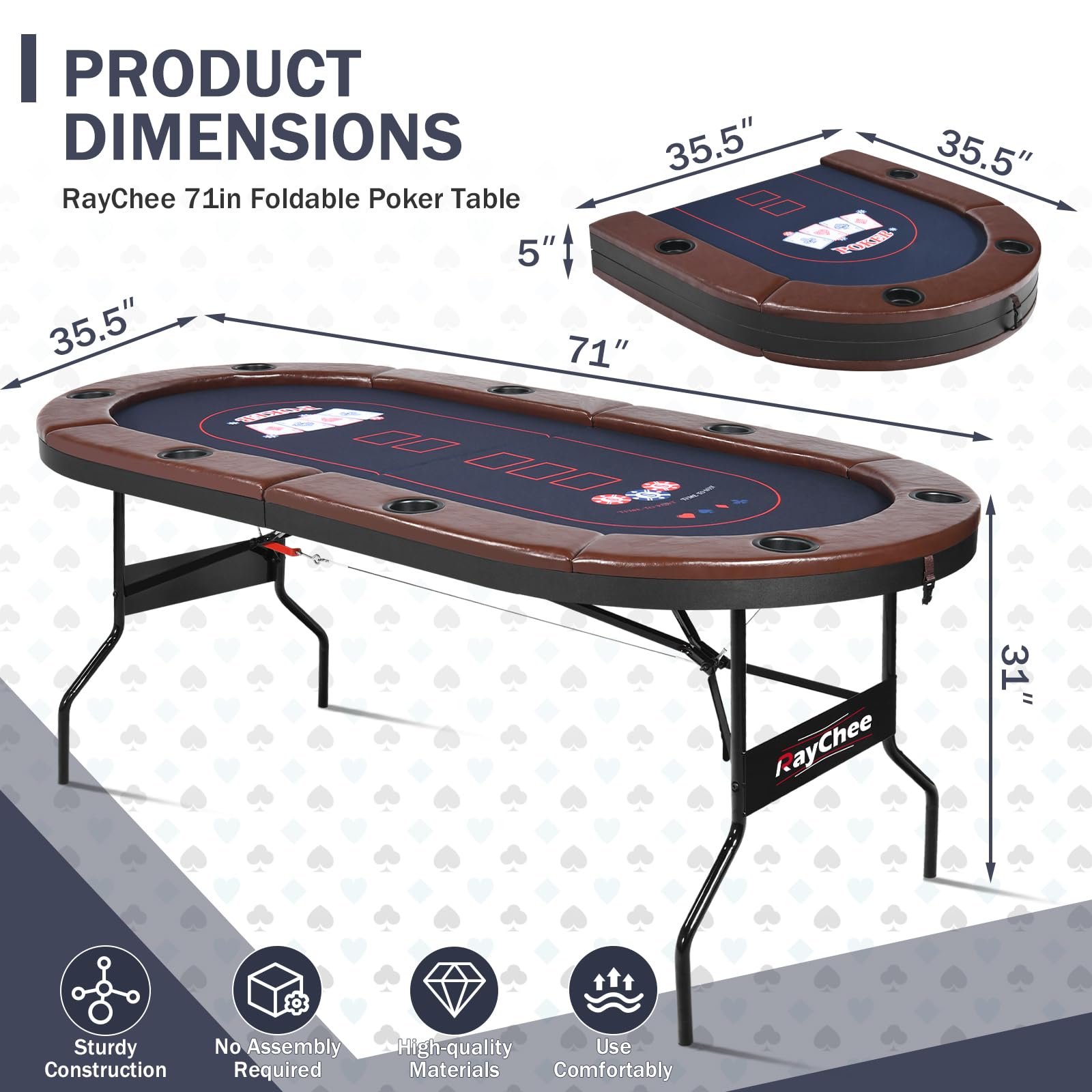 RayChee Foldable Poker Table, 8 Player Texas Holdem Table, Folding Leisure Game Table, Portable Casino Table for Game Room with Padded Rails and Cup Holders (Brown, 71 inch)