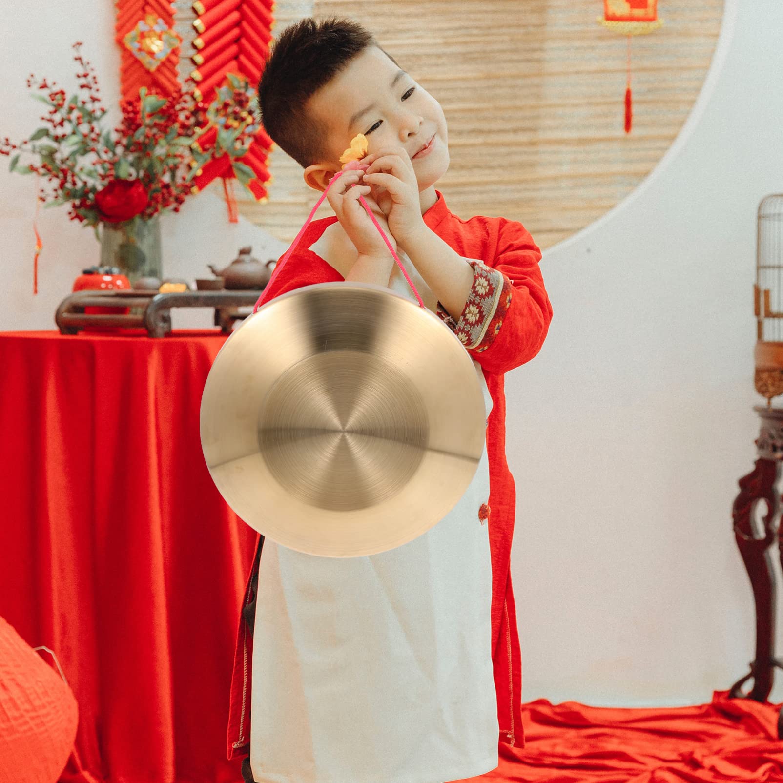 Vaguelly 1 Set of Brass Instruments - 22CM Copper Opera Gong Hand Gong with Wooden Mallet and Red Hanging Ribbon