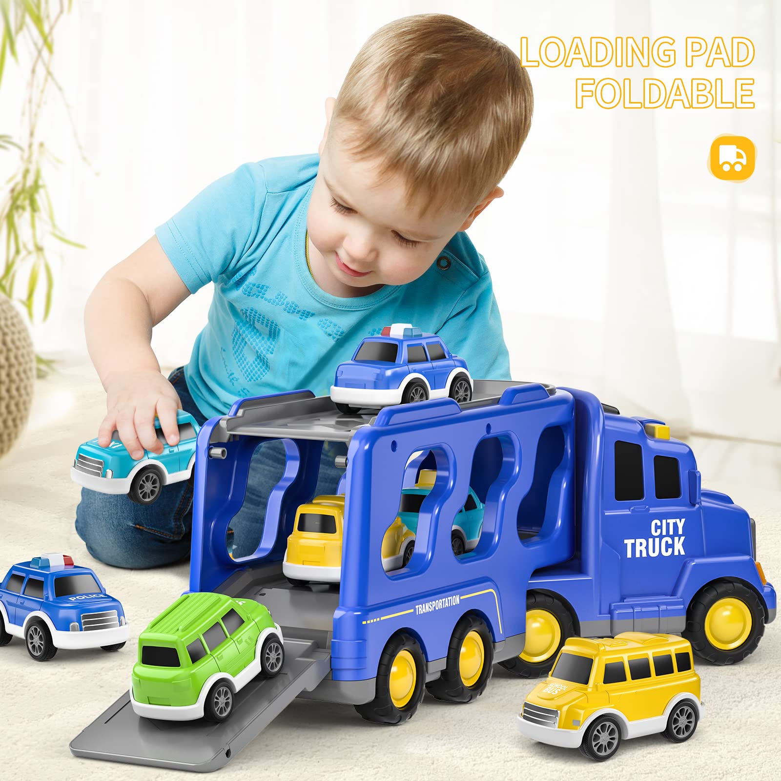 TEMI Toddler Truck Toys for 3 4 5 6 7 Year Old Boys - 5 Pack Carrier Truck Transport City Vehicles Toys, Kids Toys Car for Girls Boys Toddlers Friction Power Set, Push and Go Play Vehicles Toys