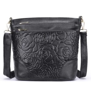 aslana floral-embossed genuine leather shoulder crossbody bag handbag for women (floral-embossed black)