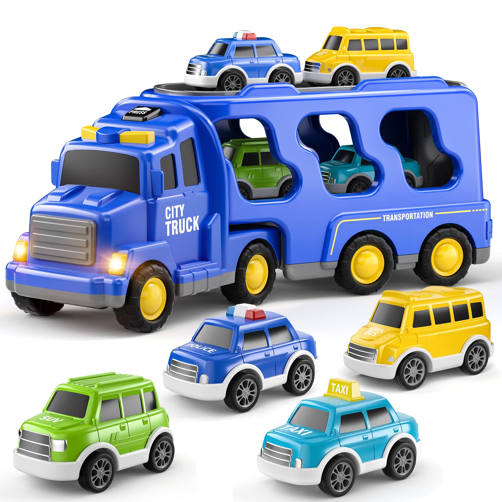 TEMI Toddler Truck Toys for 3 4 5 6 7 Year Old Boys - 5 Pack Carrier Truck Transport City Vehicles Toys, Kids Toys Car for Girls Boys Toddlers Friction Power Set, Push and Go Play Vehicles Toys