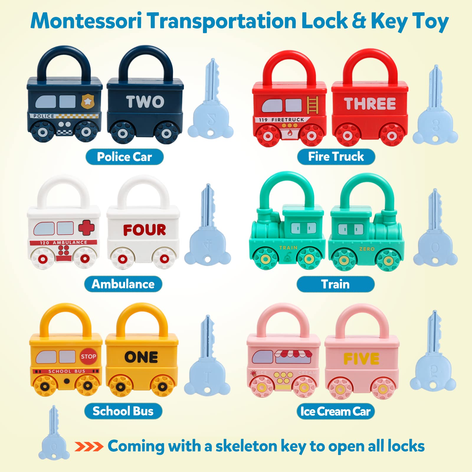 GKDOMS Montessori Learning Toys Sorting & Matching Locks and Keys Toddlers Sensory Car Activity Fine Motor Toy, Thank You Birthday Gifts for Kids Age 2-5 Years, Back to School