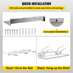 VEVOR Stainless Steel Shelf 8.6" x 30", 2PCS Wall Mounted Floating Shelving with Backsplash, 44 lbs Load Capacity Commercial Shelves, Heavy Duty Storage Rack, Restaurant Kitchen Bar Home Hotel