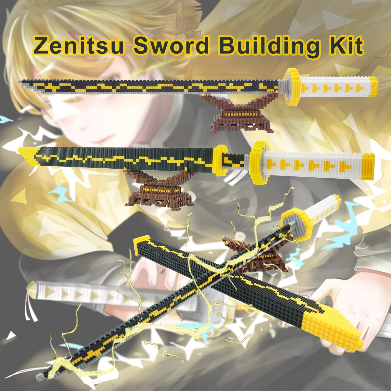 Anime Demon Slayer Sword Building Kit Set, 27.8in Cosplay Zenitsu Sword Building Blocks Toy Set with Scabbard and Stand, Samurai Katana Gift for Adults and Kids (1000+ Pieces)