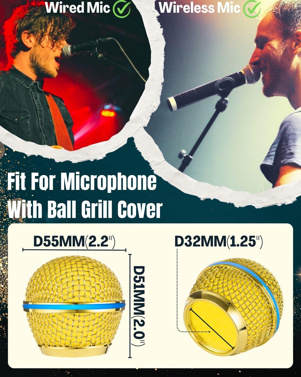 RhymKawa Gold Microphone Cover for Shuer SM58, SM58LC, Beta58, Beta58A, SA-M30, SV100, RK143G Windscreen Replacement, 2 Pack