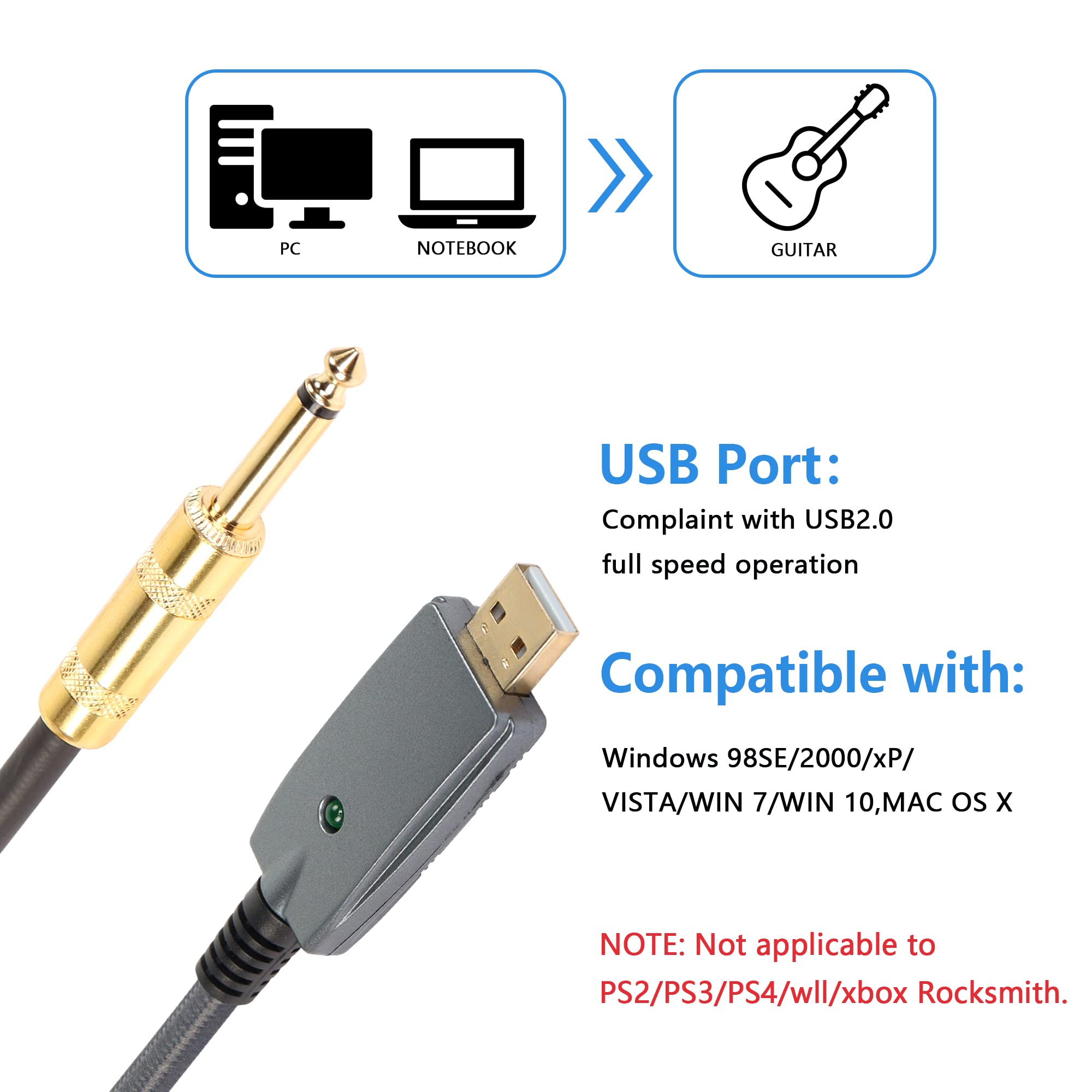 SinLoon USB Guitar Cable,10FT USB 2.0 Interface Male to 6.35mm (1/4inch) TS Mono Electric Guitar Converter Cable, Nylon Braid Recording Cable, for Instruments Recording Singing (USB to 6.35 Gold)