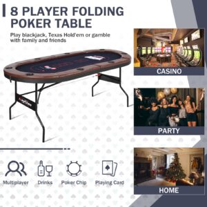 RayChee Foldable Poker Table, 8 Player Texas Holdem Table, Folding Leisure Game Table, Portable Casino Table for Game Room with Padded Rails and Cup Holders (Brown, 71 inch)