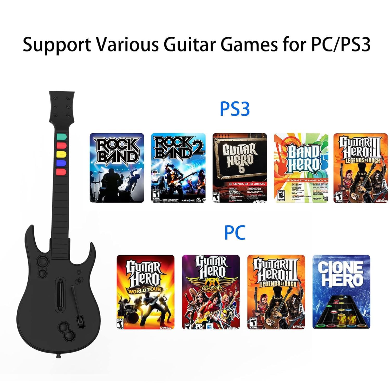 NBCP Guitar Hero Controller PC, Wireless PlayStation 3 PS3 /PC Guitar Hero Guitar with Dongle for Clone Hero, Guitar Hero 3/4/5 Rock Band 1/2 Games Black