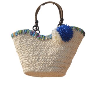 natural woven straw tote handbag with tassels and pom pom