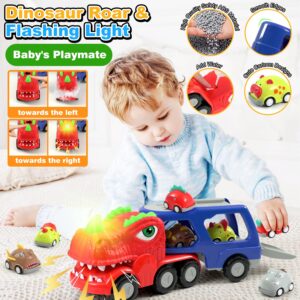 DUKASOU Dinosaur Truck Toddler Toys Car for Boys 3-5, Dinosaur Transport Carrier with 7 Pull Back Dino Car& Light Music for Kids Age 3 4 5 6 Gift, Birthday Party for Boys Girls 3-8