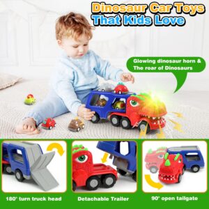 DUKASOU Dinosaur Truck Toddler Toys Car for Boys 3-5, Dinosaur Transport Carrier with 7 Pull Back Dino Car& Light Music for Kids Age 3 4 5 6 Gift, Birthday Party for Boys Girls 3-8