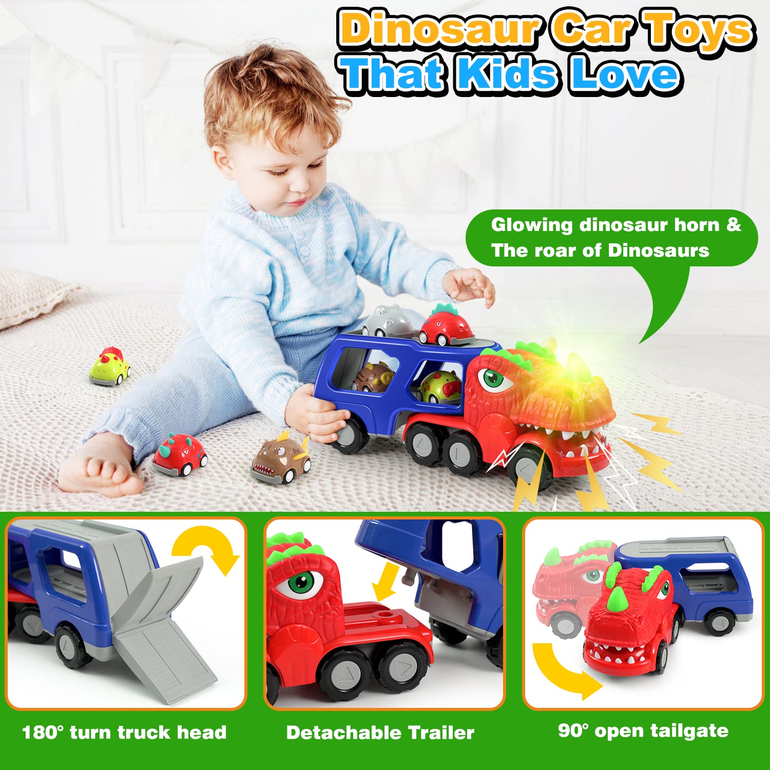 DUKASOU Dinosaur Truck Toddler Toys Car for Boys 3-5, Dinosaur Transport Carrier with 7 Pull Back Dino Car& Light Music for Kids Age 3 4 5 6 Gift, Birthday Party for Boys Girls 3-8