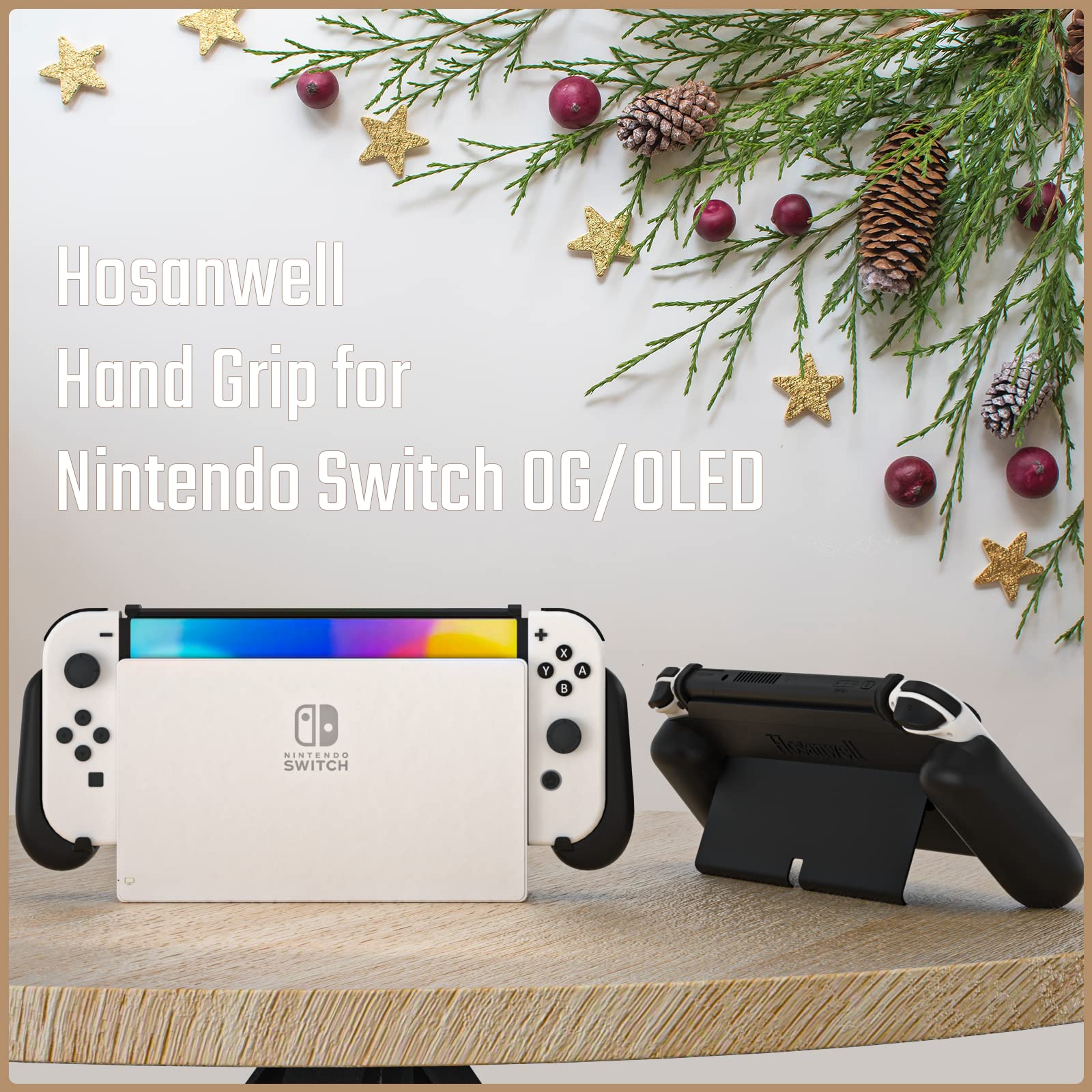 Hosanwell Hand Grip Compatible with Nintendo Switch/OLED - Comfortable & Ergonomic Hand Grip, Joy Con & Switch Accessories - Black [2 Thumb Caps Included]