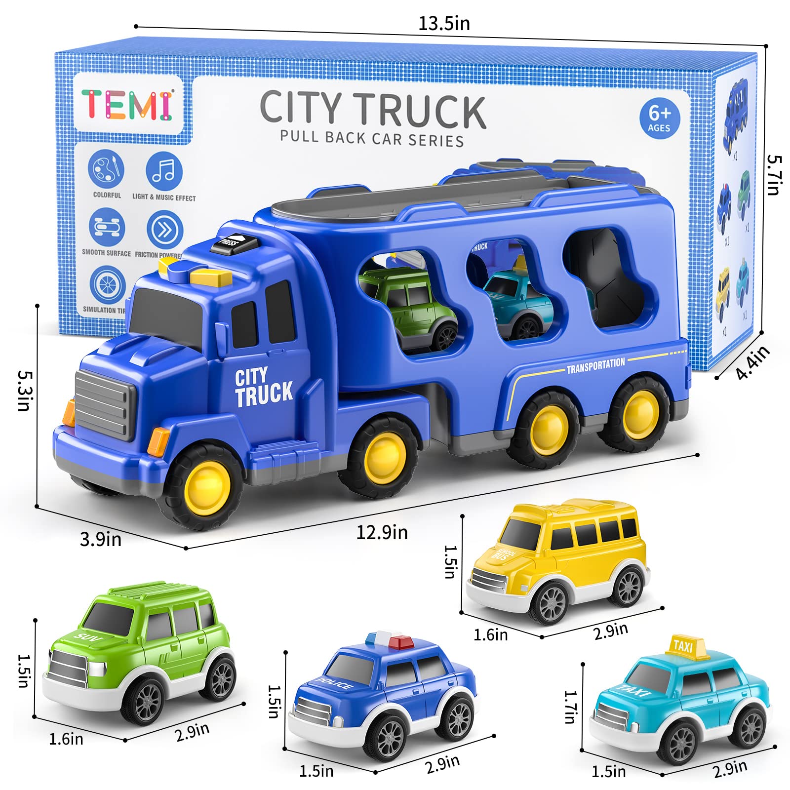 TEMI Toddler Truck Toys for 3 4 5 6 7 Year Old Boys - 5 Pack Carrier Truck Transport City Vehicles Toys, Kids Toys Car for Girls Boys Toddlers Friction Power Set, Push and Go Play Vehicles Toys