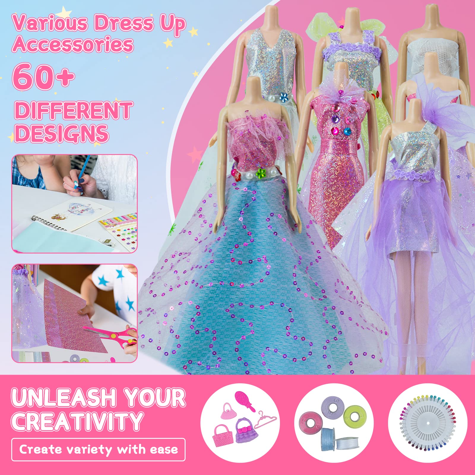 Mefine Fashion Designer Kits for Girls - DIY Doll Clothes Sewing Kit for Kids with Fashion Design Sketchbook Creativity DIY Arts & Crafts Kit Learning Toys Teen Girls Kids Birthday Gift Ages 8-10