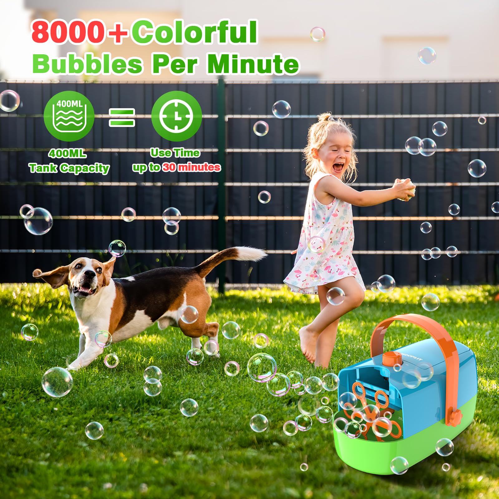 Bubble Machine, Automatic Bubble Blower, 8000+ Big Bubbles Per Minute, Bubble Maker for Kids Toddlers, Operated by Plug-in or Batteries, Bubble Toys for Indoor Outdoor Birthday Party