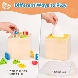 Woodtoe Montessori Toys for Babies 3 Year Old, Wooden Educational Toy, 5 in 1 Play Kit Set with Object Permanence Box, Baby Tissue Box, Carrot Harvest, Coin Box, Toddler Early Development Toy for Baby