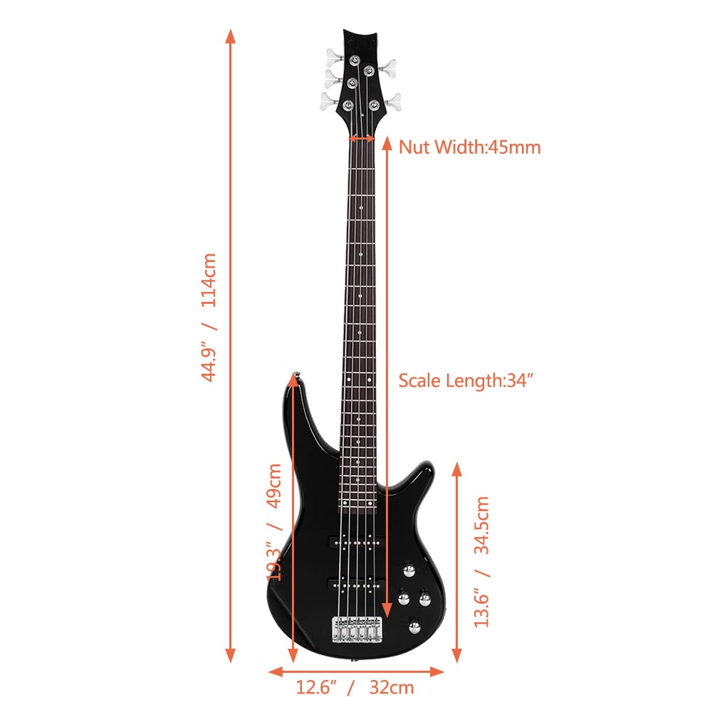 Ktaxon 5 String Electric Bass Guitar, Full Size Standard Right Handed Rosewood Fretboard Bass Kit with Strap, Cable, Pick, Wrench Tool (Black)