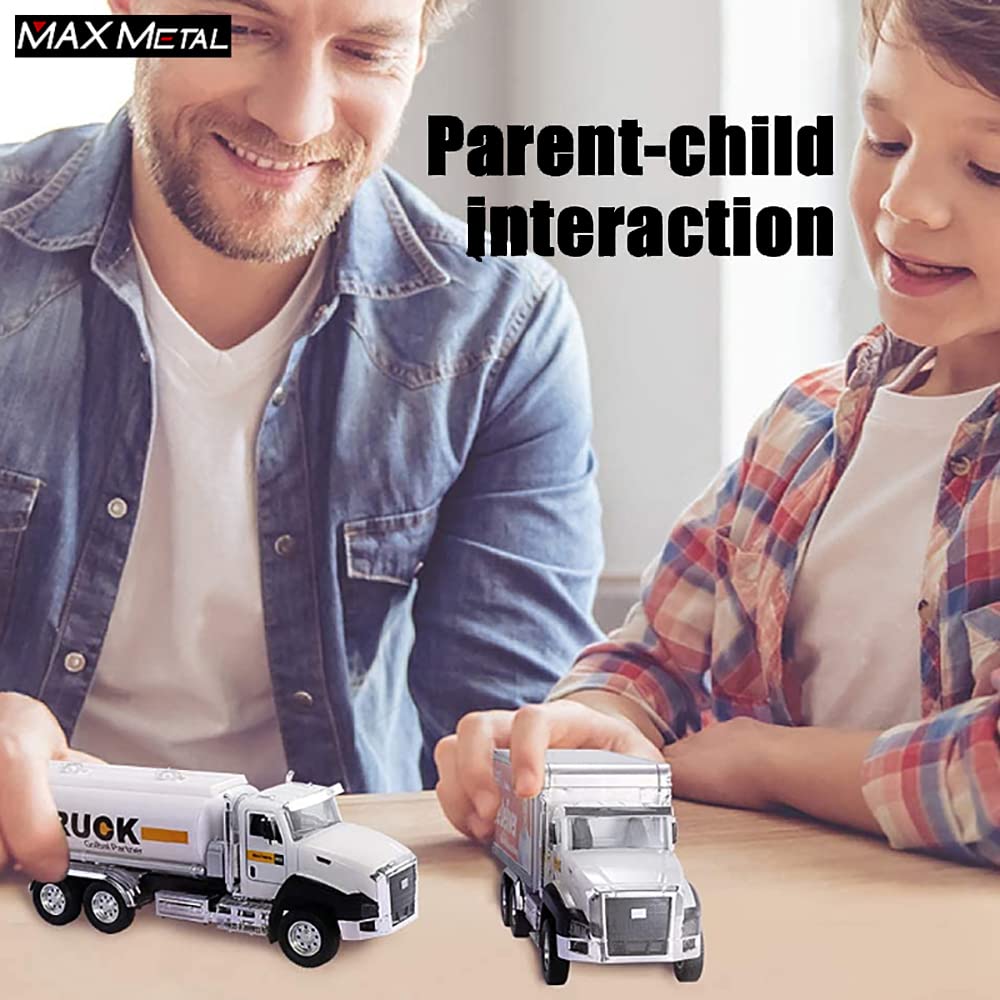 3 Pack City Diecast Semi Trucks Transport Set - Big Toy Garbage Truck, Oil Tanker, & Transport Vehicle Toy with Pull Back Action - 1/50 Scale Metal Collectible Model Alloy Car Vehicles