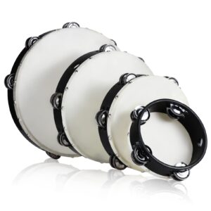 konohan 4 pcs tambourines for church adults with box, 6 8 10 12 inches wood handheld tambourine double row metal jingles musical percussion instrument for party ktv game