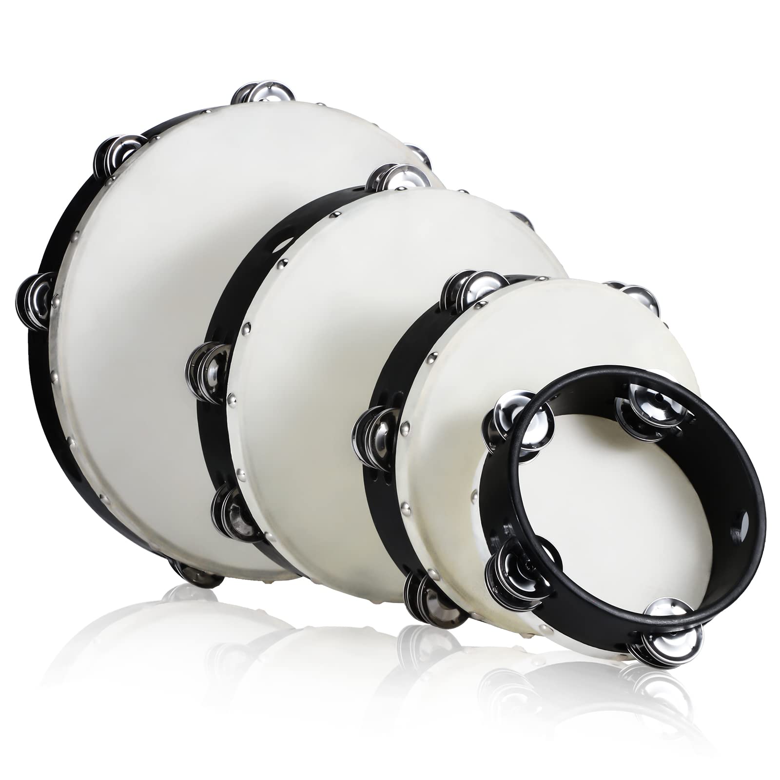 Konohan 4 Pcs Tambourines for Church Adults with Box, 6 8 10 12 Inches Wood Handheld Tambourine Double Row Metal Jingles Musical Percussion Instrument for Party KTV Game