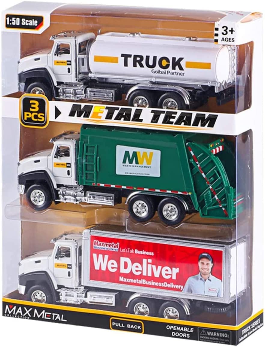 3 Pack City Diecast Semi Trucks Transport Set - Big Toy Garbage Truck, Oil Tanker, & Transport Vehicle Toy with Pull Back Action - 1/50 Scale Metal Collectible Model Alloy Car Vehicles