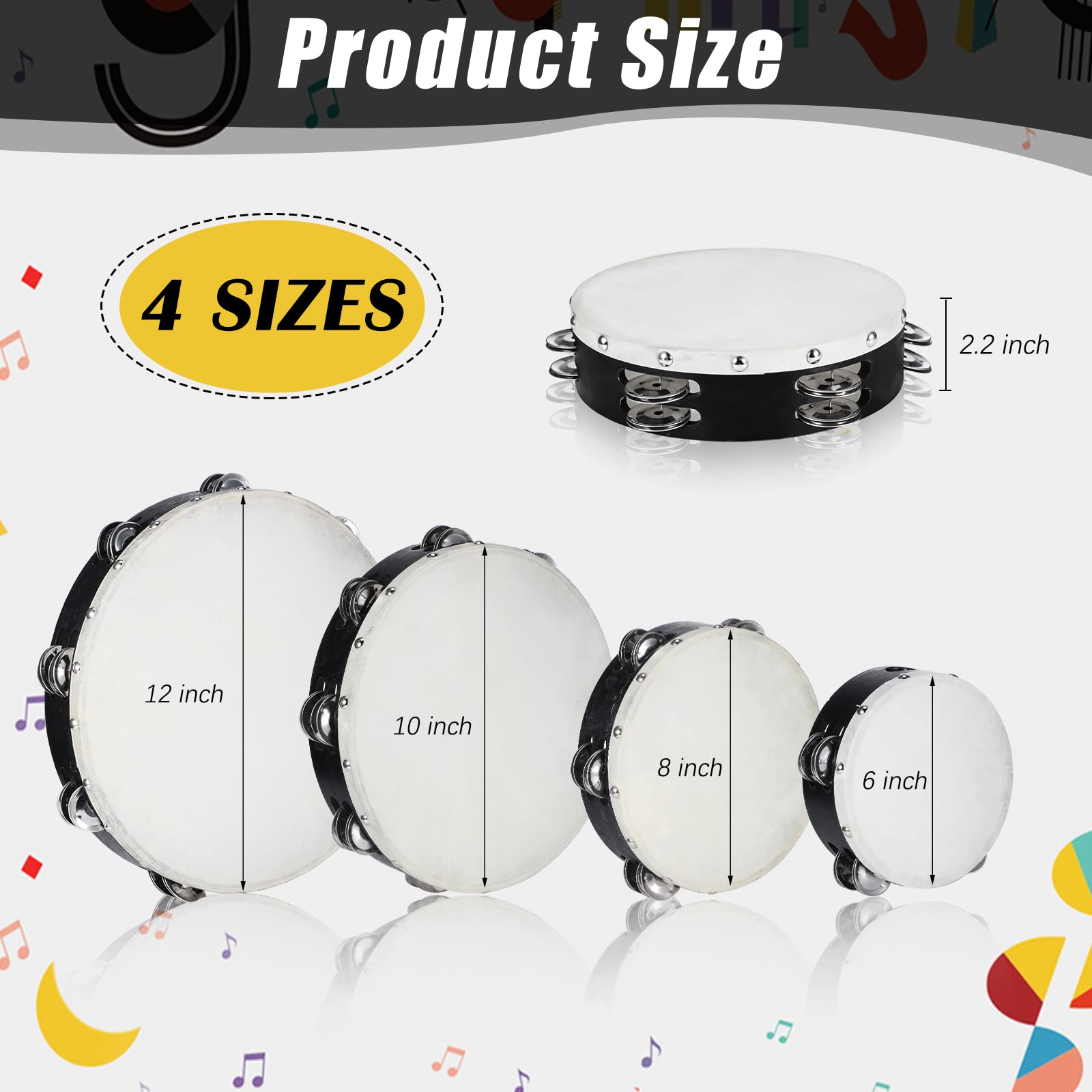 Konohan 4 Pcs Tambourines for Church Adults with Box, 6 8 10 12 Inches Wood Handheld Tambourine Double Row Metal Jingles Musical Percussion Instrument for Party KTV Game