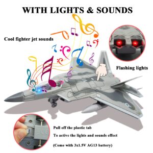 OTONOPI Fighter Jet Toy F-22 Raptor Fighter Bomber Aircraft Diecast Army Fighting Jet 1/100 Airplanes Model with Lights and Sounds for Kids