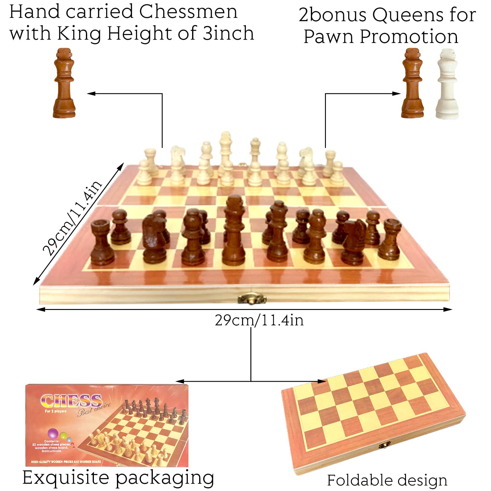 Subwaysds Chess Sets for Adults & Kids - 12''x12'' Wooden Chess Set,Portable Travel Mini Chess Set,Handmade Chess Board & Pieces,Foldable & Easy to Carry