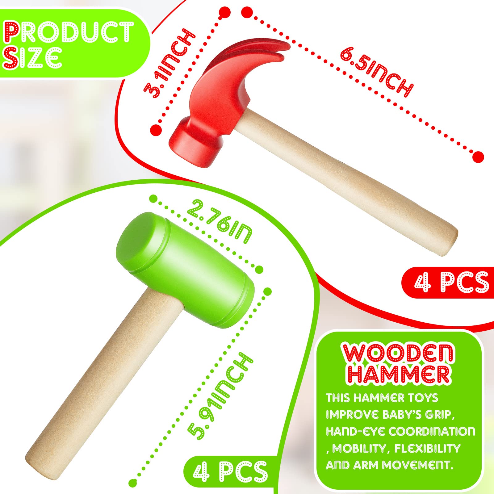 8 Pcs Toy Hammer Simulation Wooden Hammers Plastic Small Hammer Toy Tools Maintenance Tools Pretend Play Educational Toys for Teens Girls Boys School Gift Birthday Party Games Supplies, Red/Green