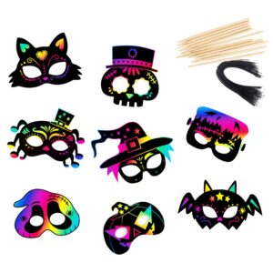 magic masks, 8pcs rainbow scratch paper halloween masks diy art craft kit ghost skeleton cat witch pumpkin bat spider mask decorations for kids birthday party halloween cosplay creative gift