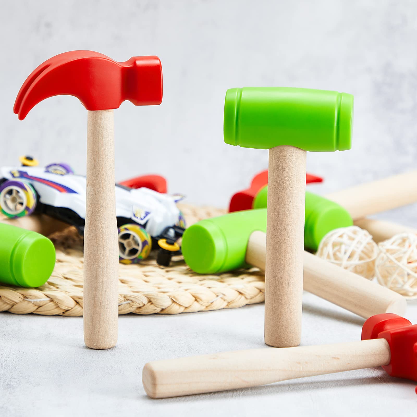 8 Pcs Toy Hammer Simulation Wooden Hammers Plastic Small Hammer Toy Tools Maintenance Tools Pretend Play Educational Toys for Teens Girls Boys School Gift Birthday Party Games Supplies, Red/Green