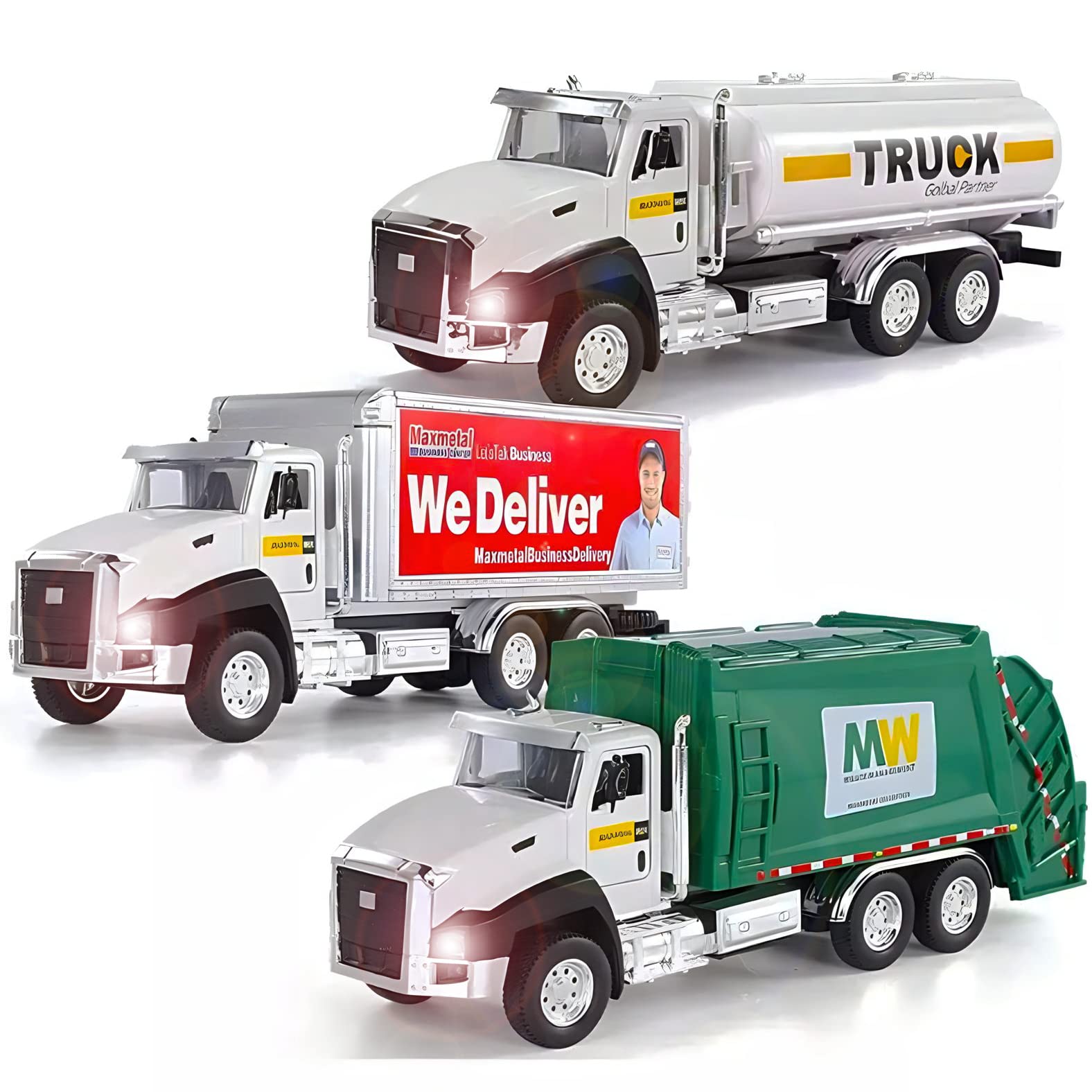 3 Pack City Diecast Semi Trucks Transport Set - Big Toy Garbage Truck, Oil Tanker, & Transport Vehicle Toy with Pull Back Action - 1/50 Scale Metal Collectible Model Alloy Car Vehicles