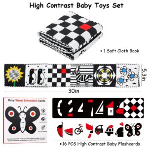 Black and White High Contrast Baby Book for Newborn with Baby Flashcards, Infant Tummy Time Soft Cloth Book Crib Toys, Washable Non-Toxic Early Educational Visual Stimulation Baby Toys