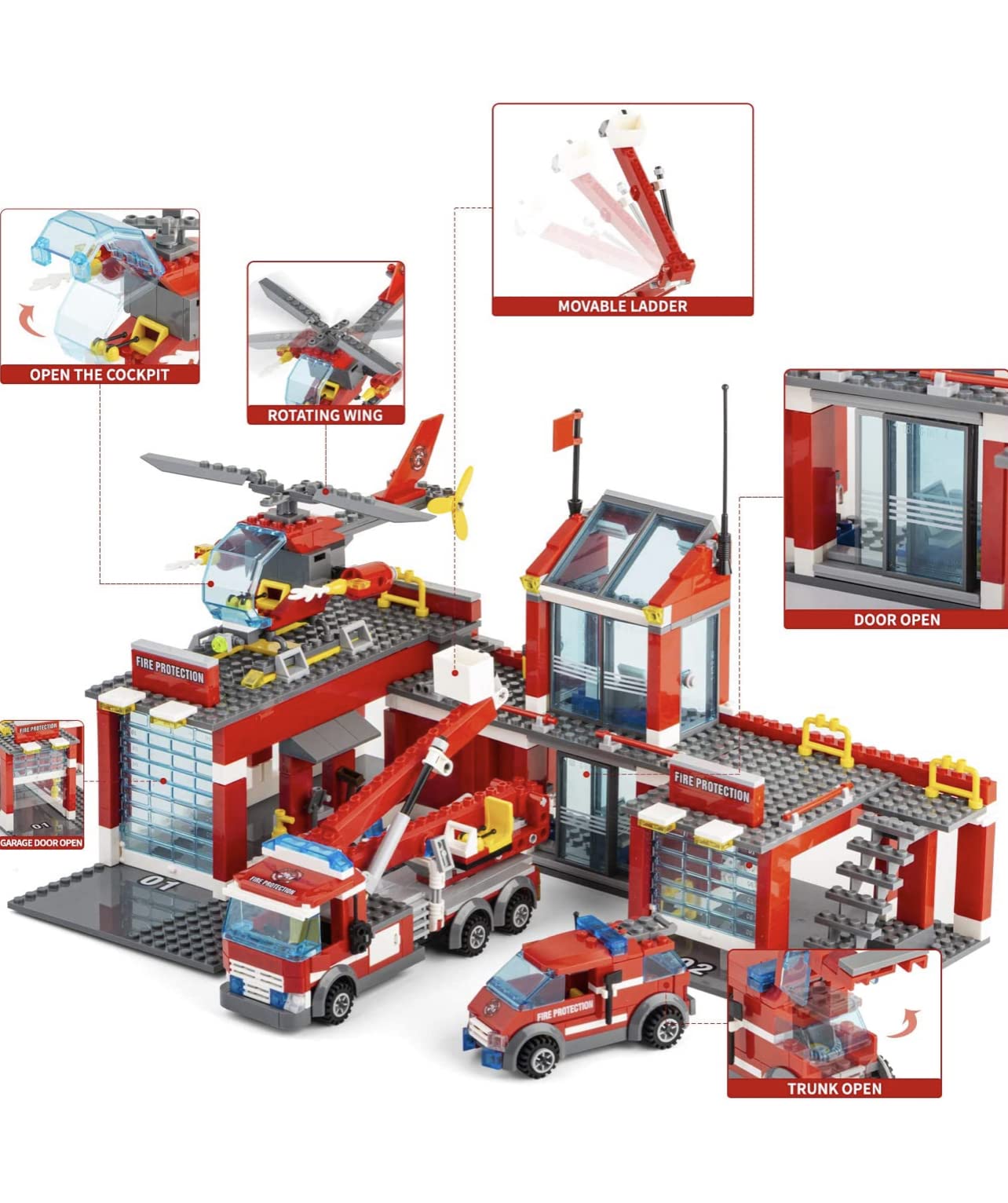 General Jim's Fire Station Multi Emergency Vehicle 774 Piece Modular Building Block Bricks Amazing Colorful 2 Level Fire Station Building Block Bricks Toy with Helipad - for Teens and Adults