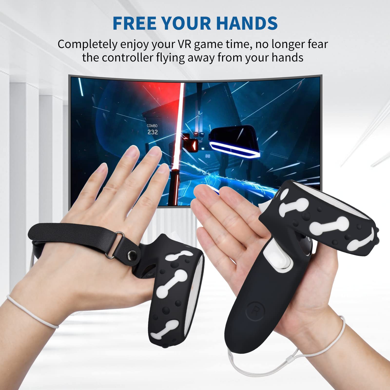 Controller Grips for Oculus Quest 2, Extended Silicone VR Grips Cover Protector with Battery Opening, Knuckle Straps, Anti-Throw Hand Strap for Meta Quest 2 Accessories Black