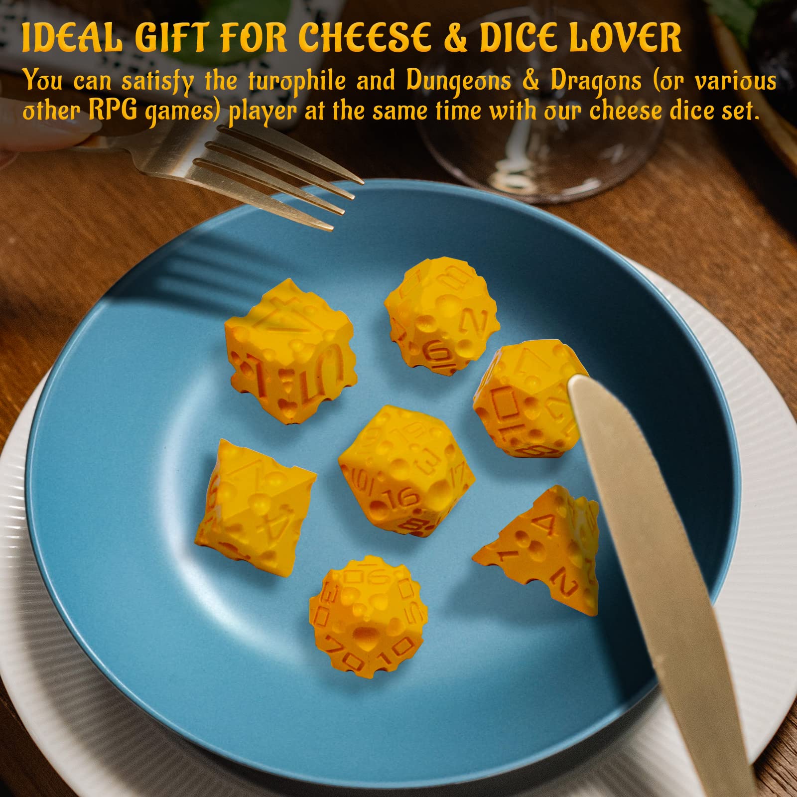 DND Cheese Dice 3D Printed 7PCS Polyhedral Food Themed Dice Set Great for Dungeons and Dragons, Pathfinder, Tabletop RPG, MTG Game